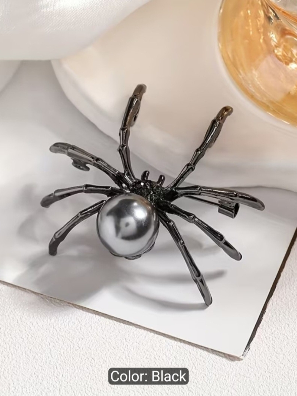 Black Gunmetal Spider Brooch with Metallic Pearl Orb Accent, NIB